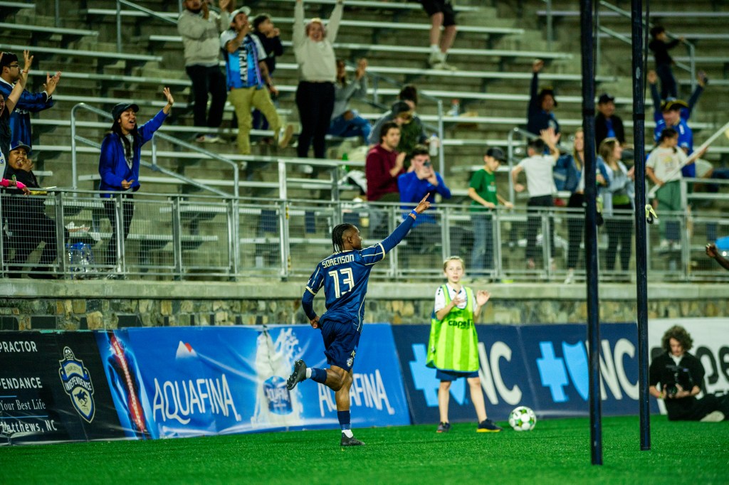 Anthony Sorenson celebrates his goal in the Jacks' 1-0 victory over the Richmond Strikers